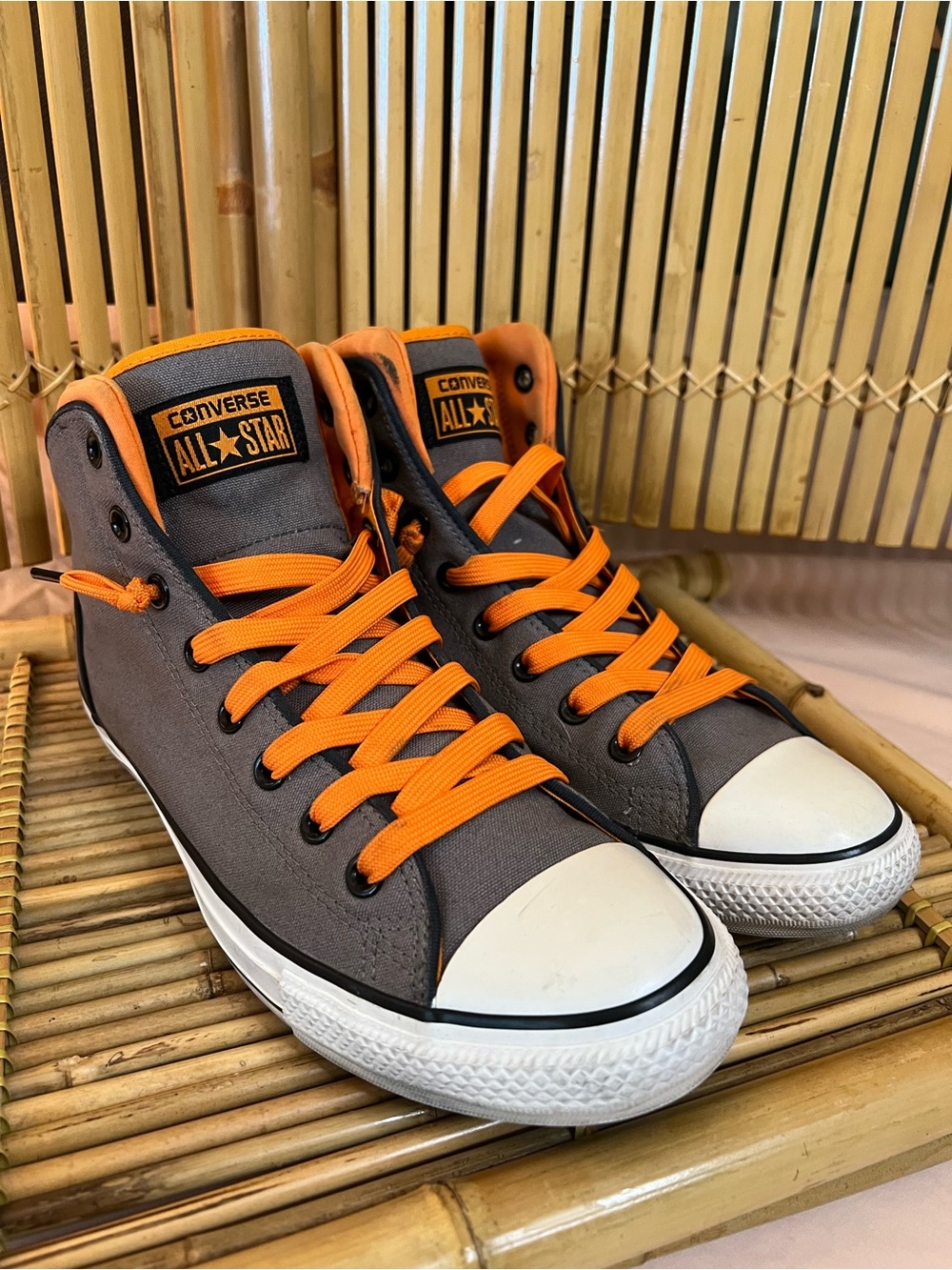 Converse Gray High Top Sneakers with Orange Laces